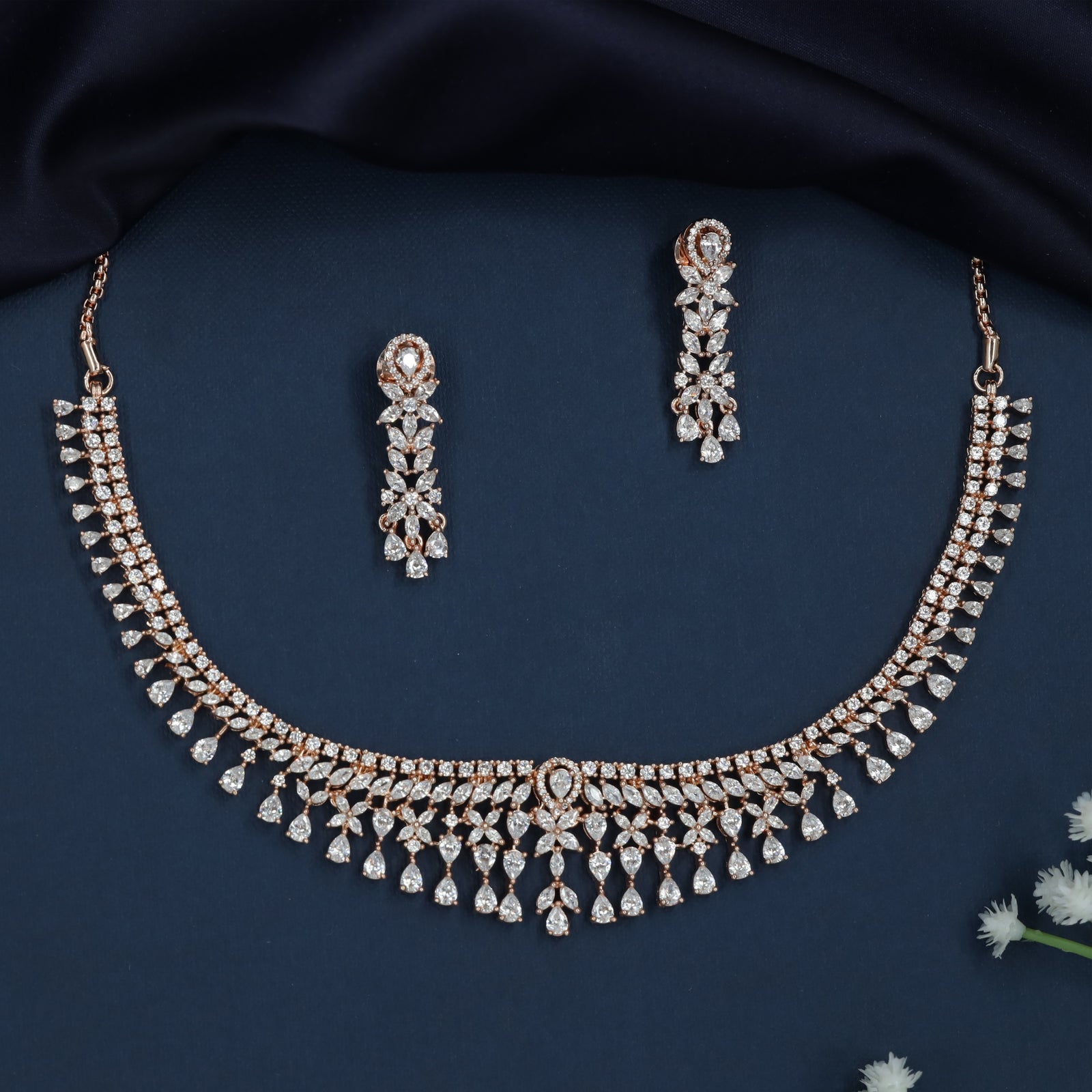 Scroll Floral Rose Gold Necklace with Cascading Drop Pattern