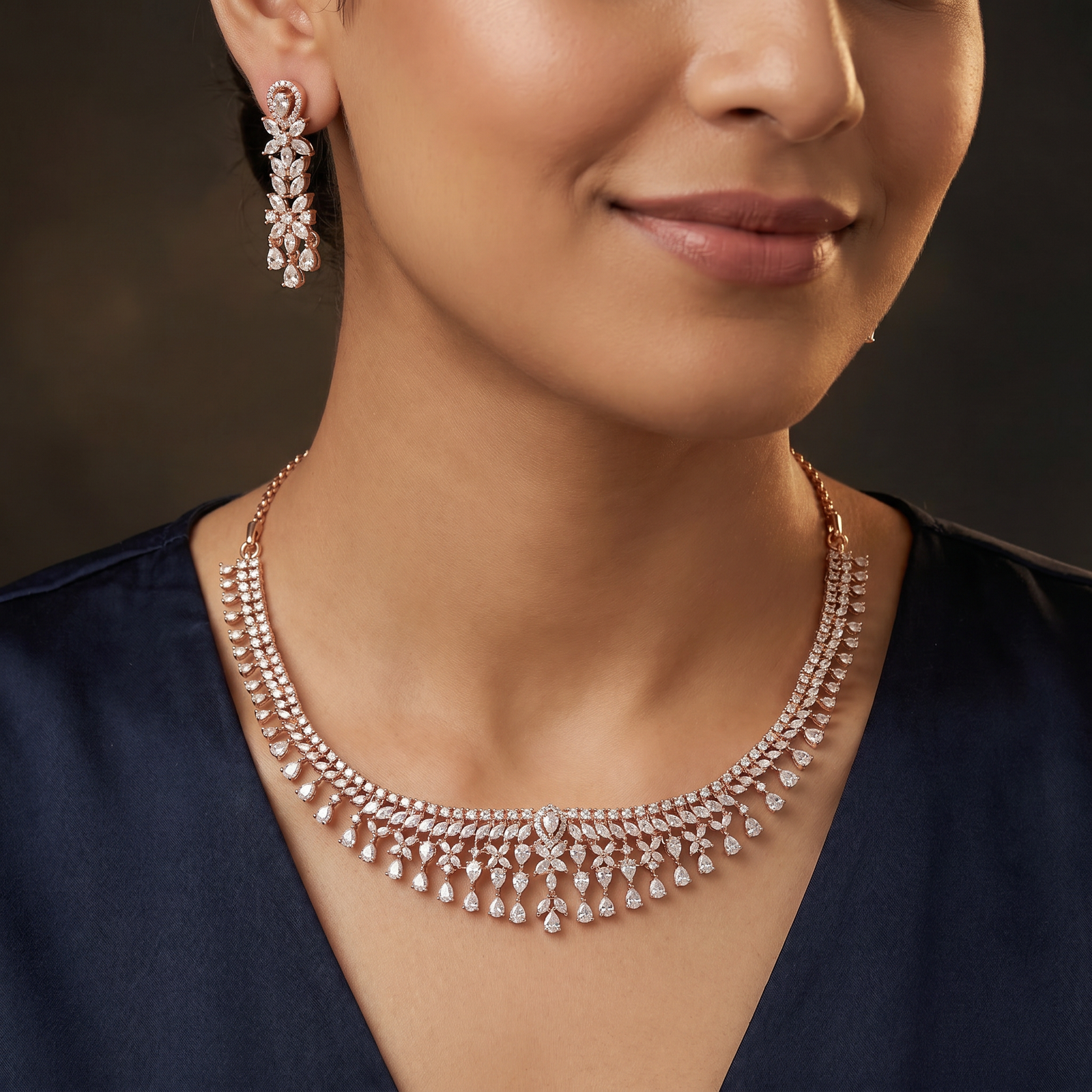 Scroll Floral Rose Gold Necklace with Cascading Drop Pattern