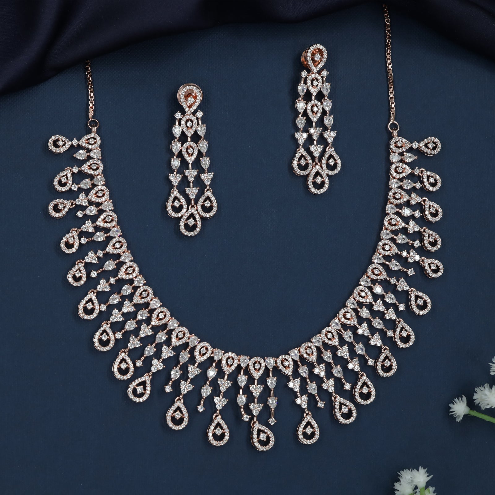 Chandelier Fringe Rose Gold Necklace with Cascading Border Layout
