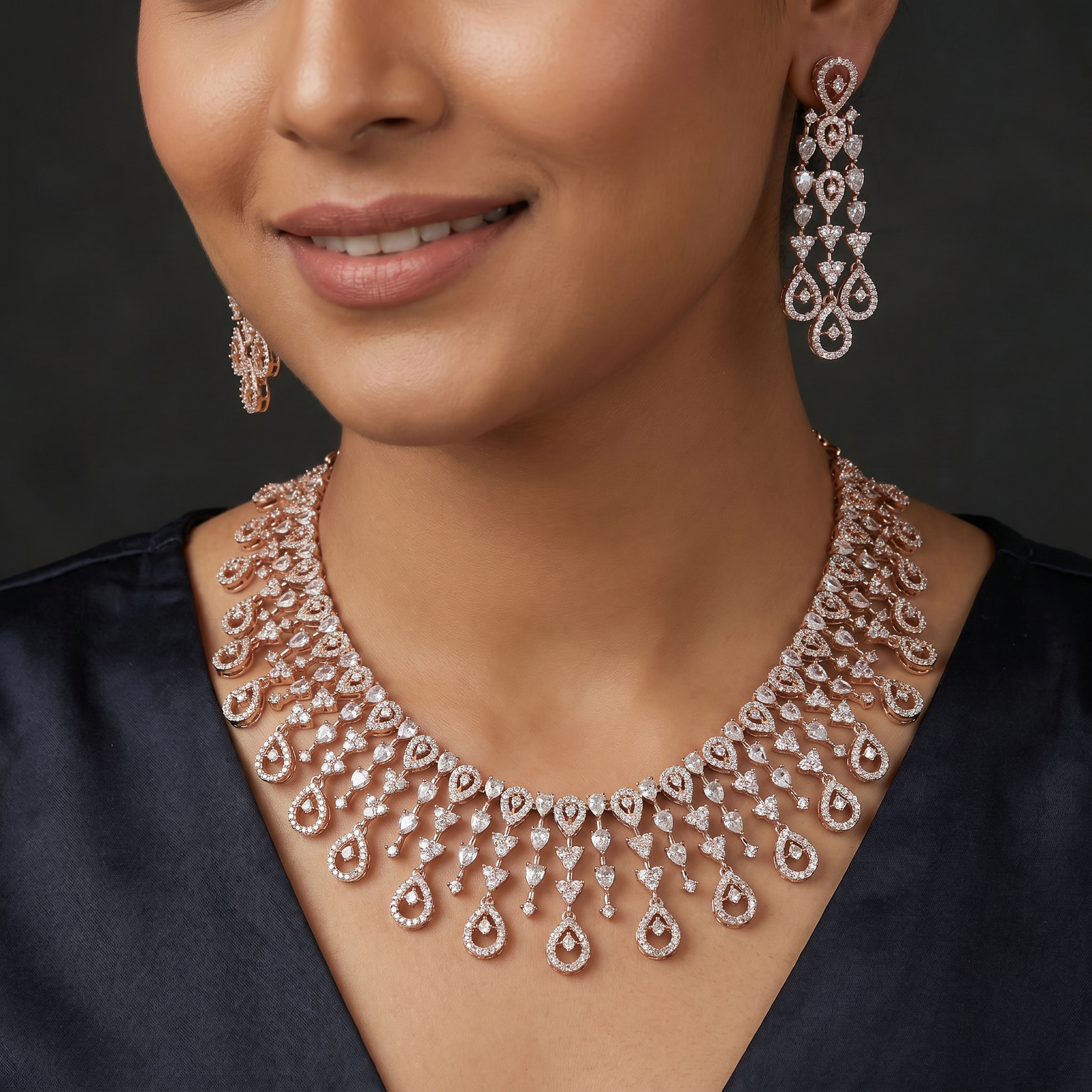 Chandelier Fringe Rose Gold Necklace with Cascading Border Layout