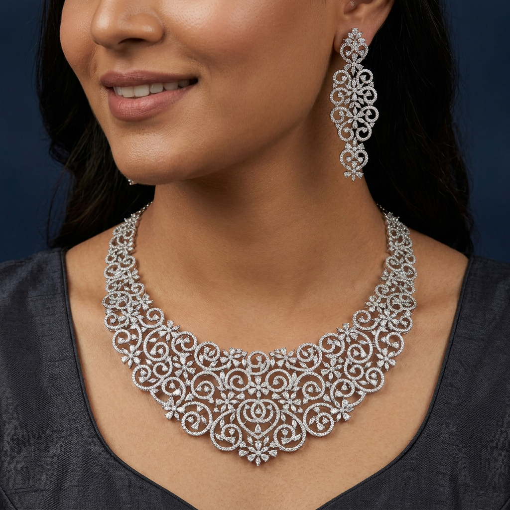 Structured Scroll Garland Rhodium Necklace with Curved Floral Spread