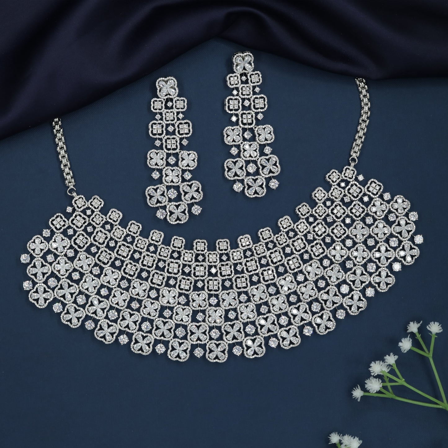 Decorative Square Frame Rhodium Choker with Floral Spread Styling