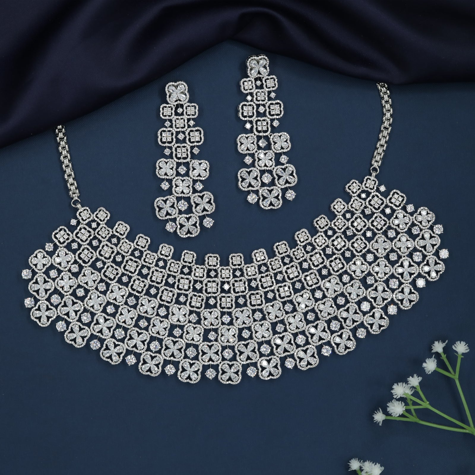 Decorative Square Frame Rhodium Choker with Floral Spread Styling