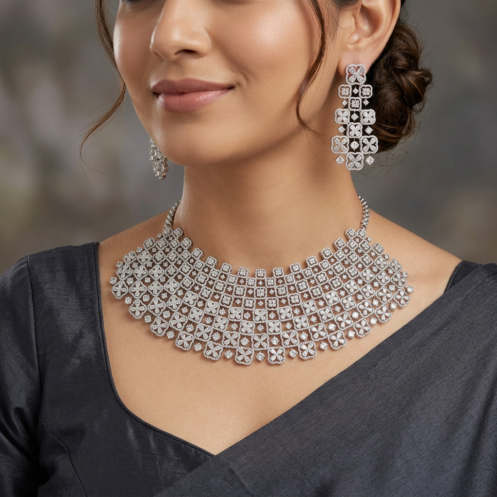 Decorative Square Frame Rhodium Choker with Floral Spread Styling