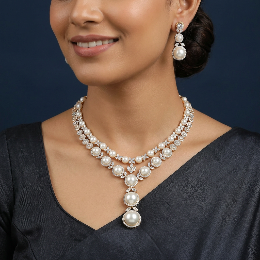 Decorative Pearl Sweep GJ Necklace with Floral Connector Detailing