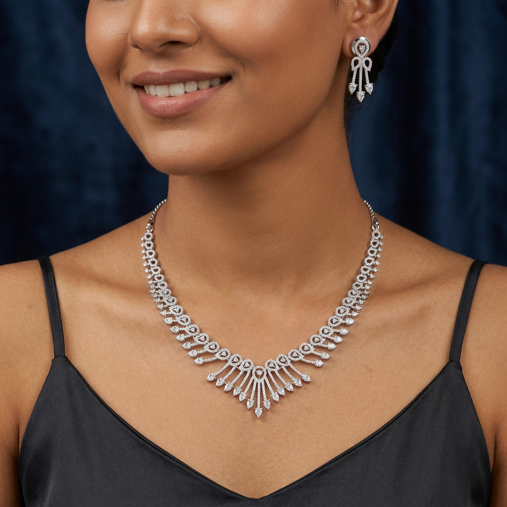 Decorative Bow Layout Rhodium Necklace with Tapered Hanging Styling