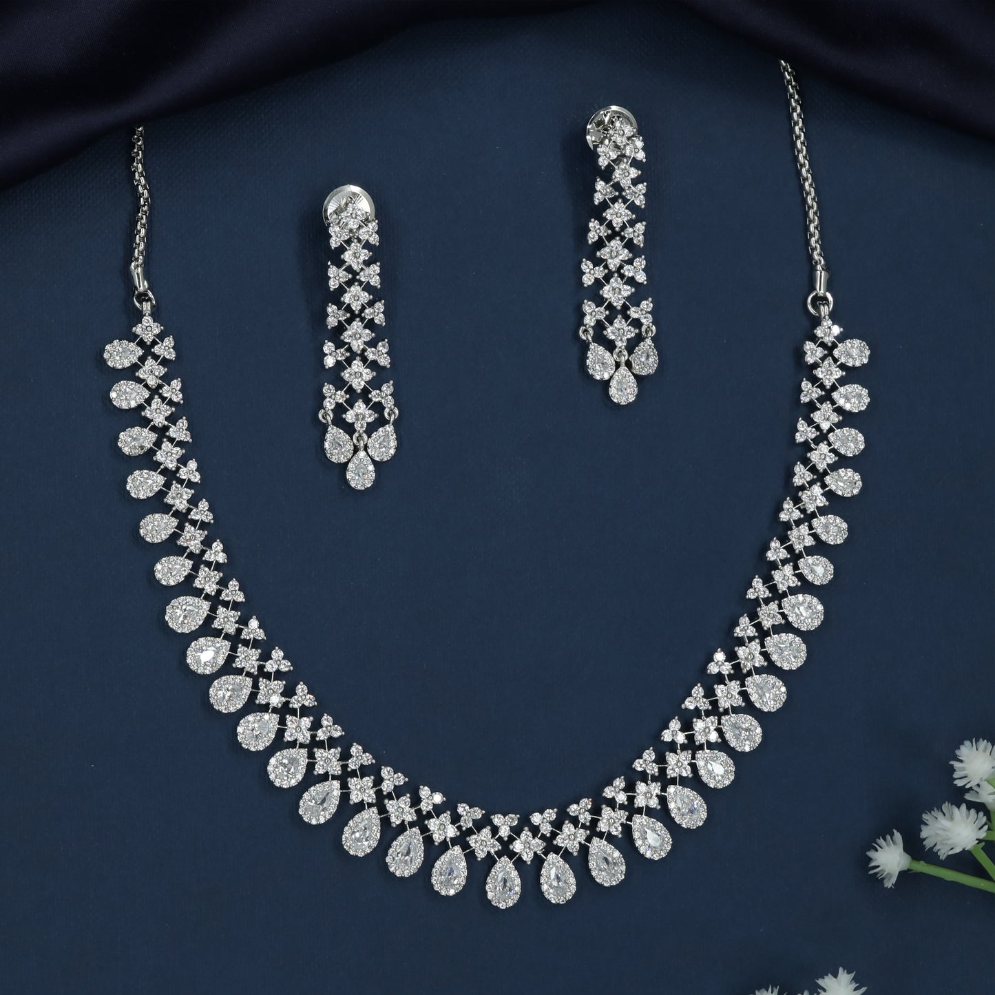 Classic Floral Border Rhodium Necklace with Cascading Drop Styling