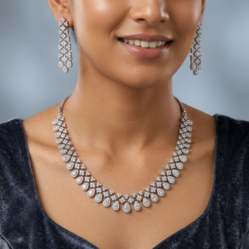 Classic Floral Border Rhodium Necklace with Cascading Drop Styling