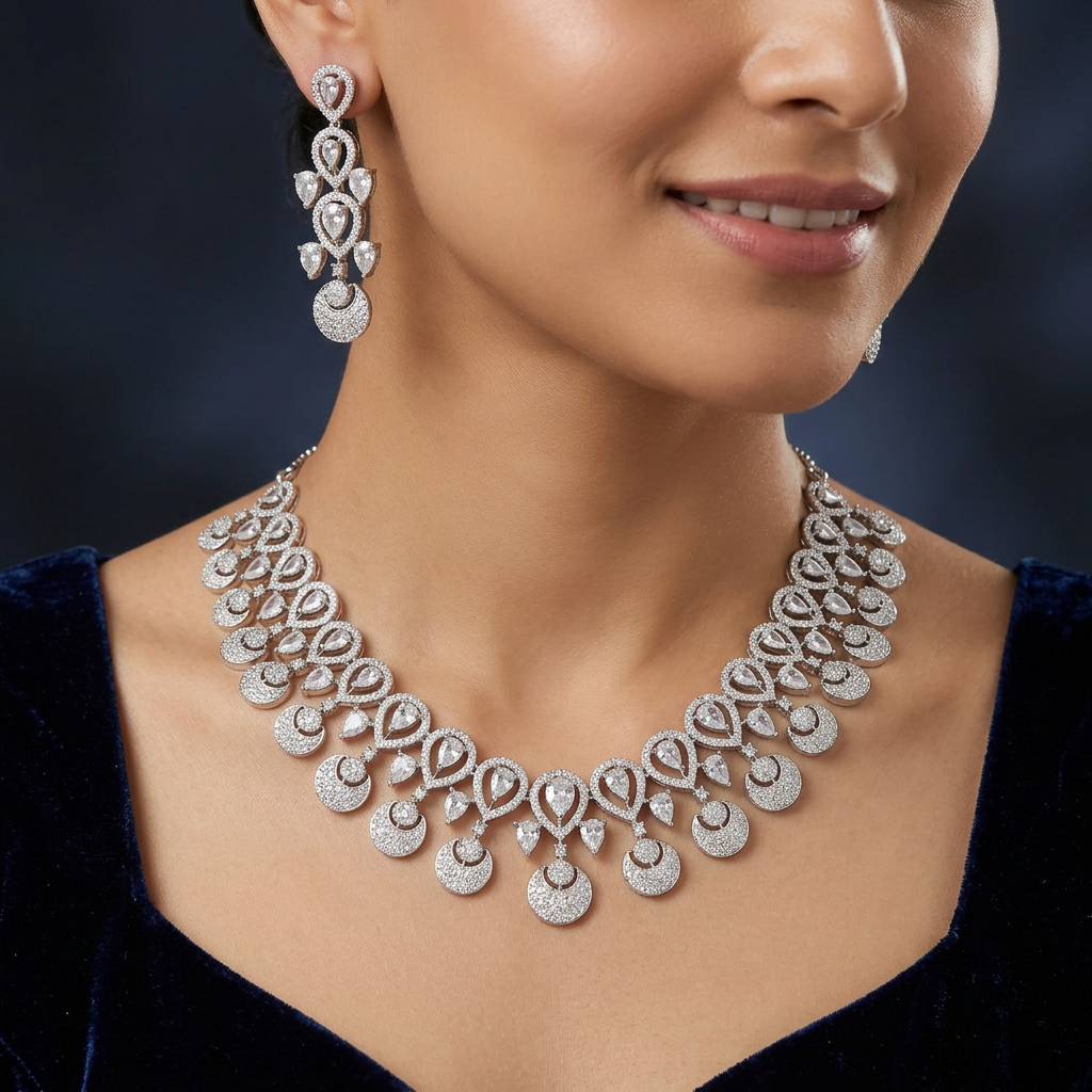 Dangling Disc Rhodium Necklace with Teardrop Border Styling