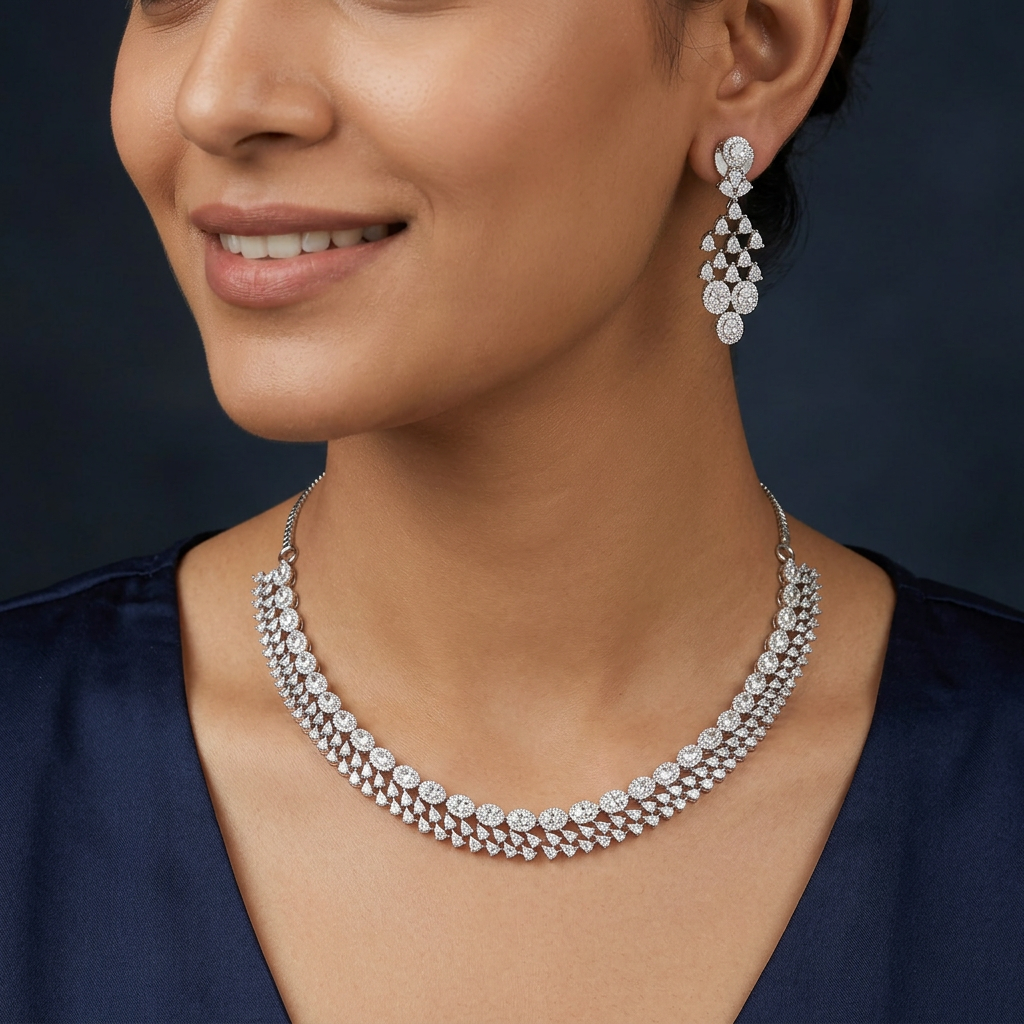 Classic Garland Flow Rhodium Necklace with Tapered Border Placement