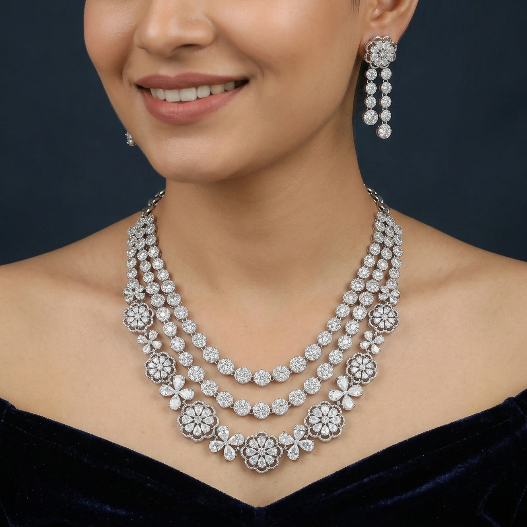Classic Flower Border Necklace with Layered Disc Arrangement