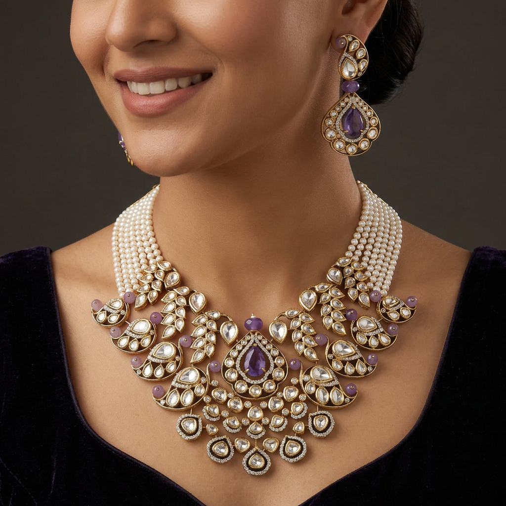 Decorative Peacock Curve Kundan Necklace with Centre Pendant Layout