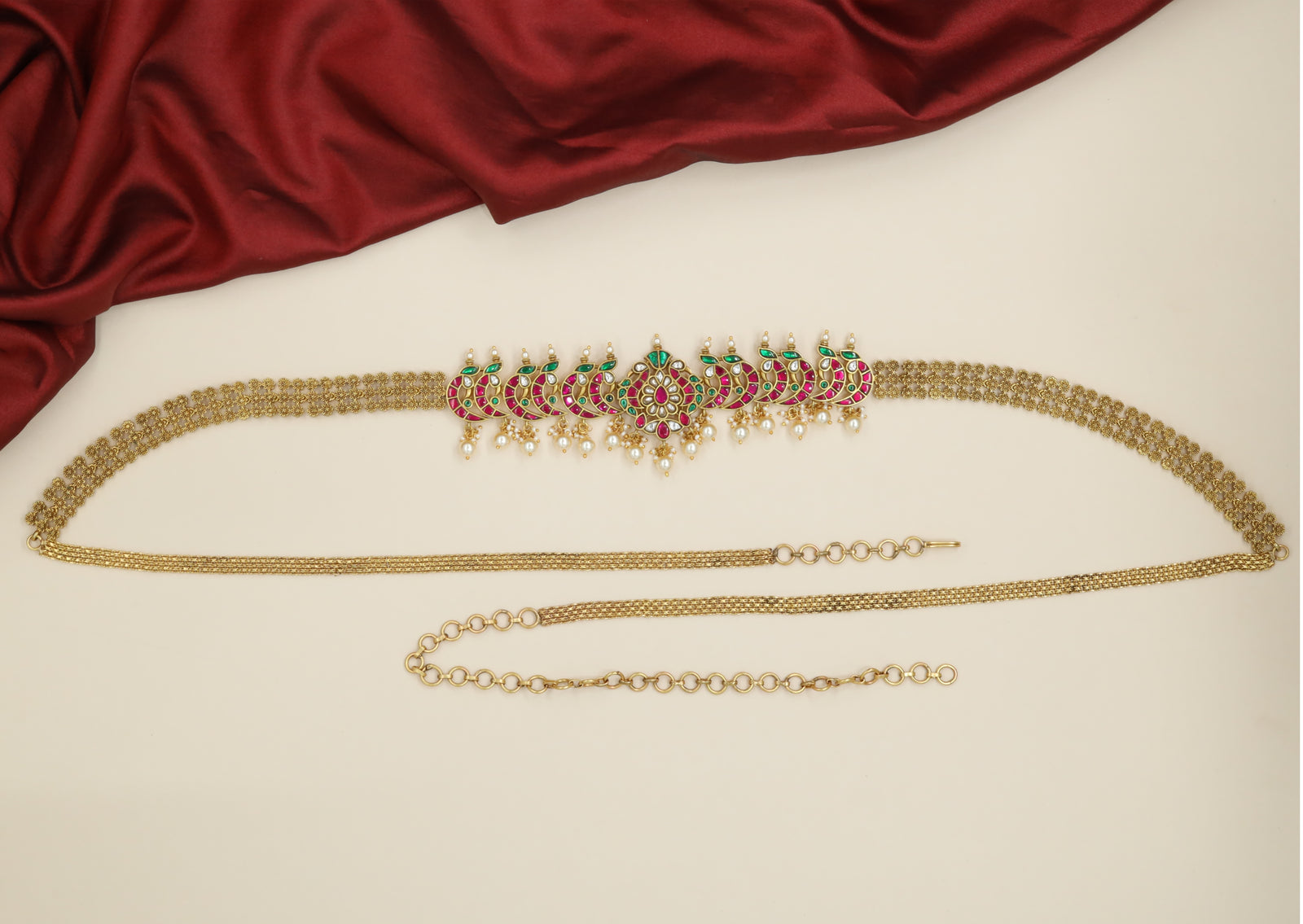 Premium Peacock Jadau Waist Belt with Crescent Motif Pattern