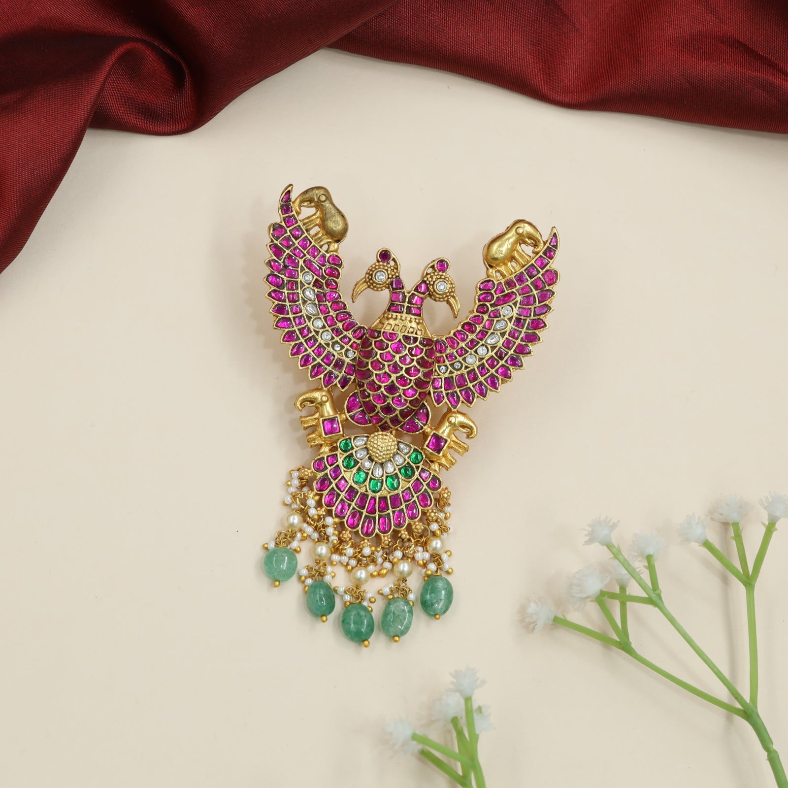 Premium Peacock Jadau Pendant with Layered Wing Detailing