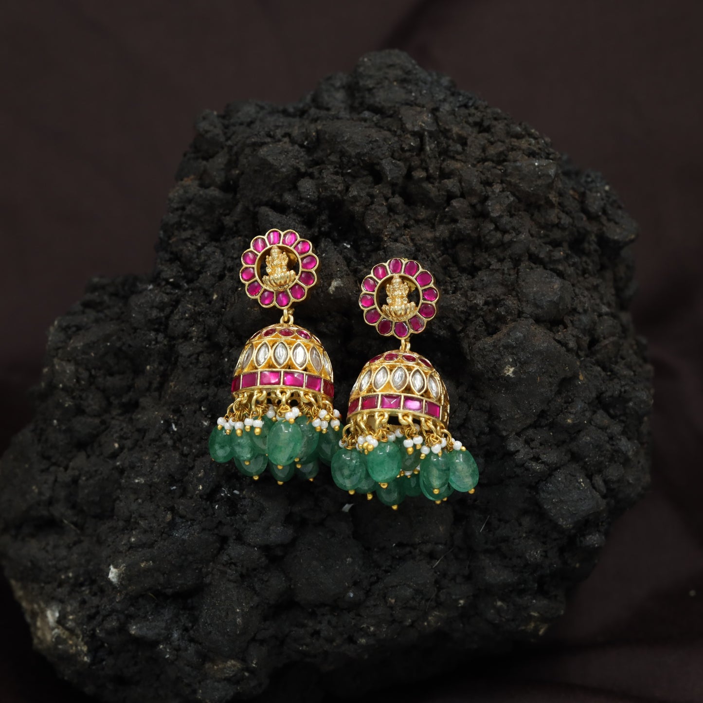 Premium Floral Jadau Jumka with Dangling Cluster Drops