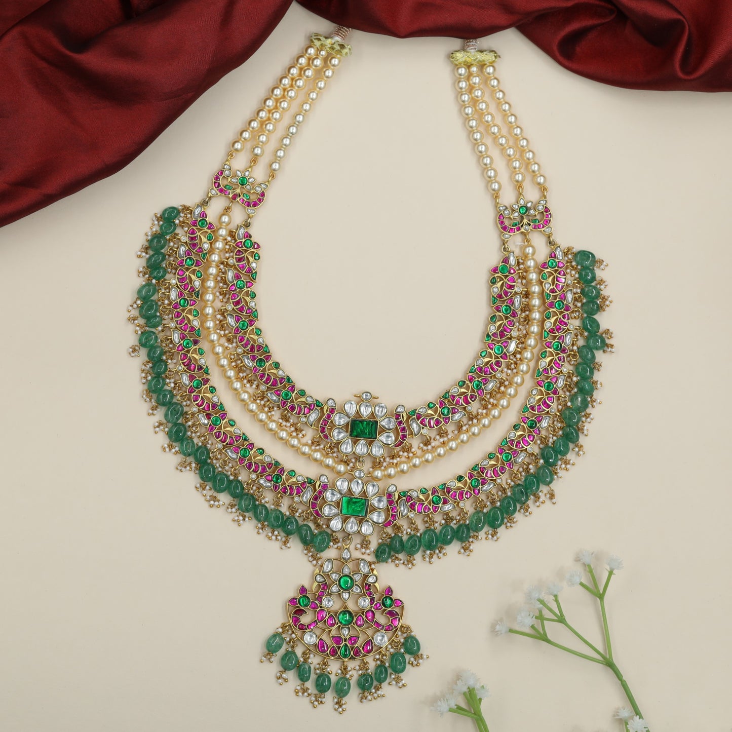 Premium Layered Jadau Long Hara with Pearl Fringe Layout