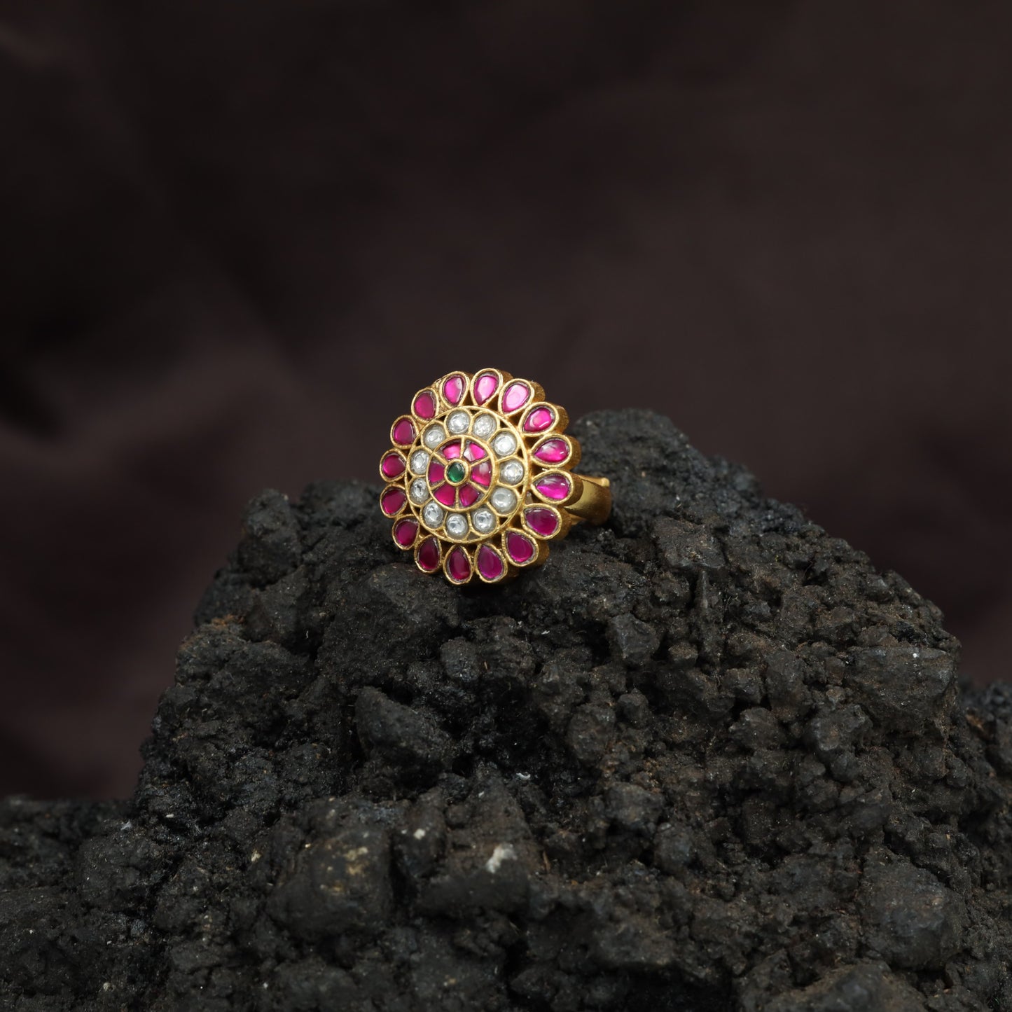 Grand Floral Jadau Finger Ring with Layered Border Styling
