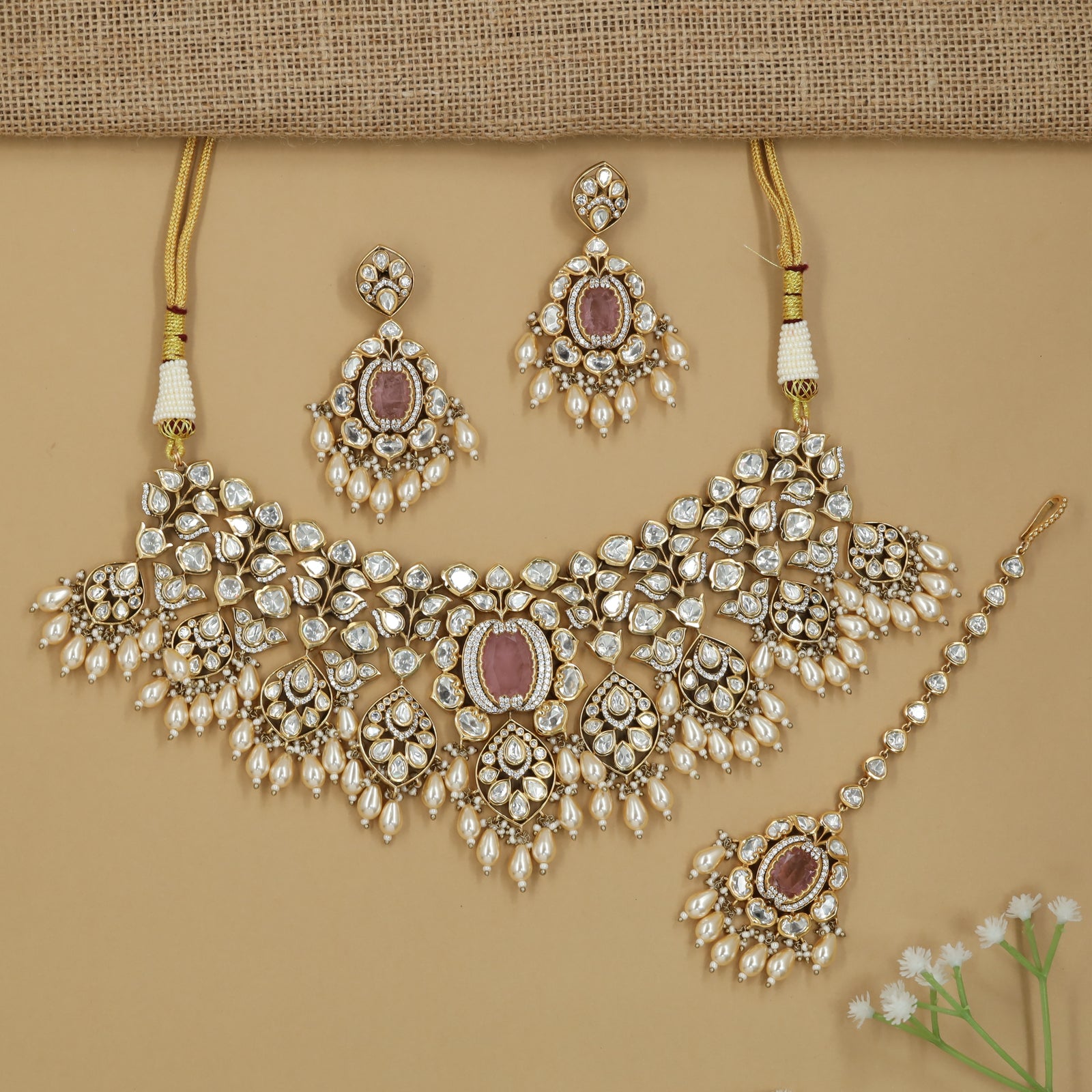 Ornate Border Kundan Choker with Cascading Pearl Extensions