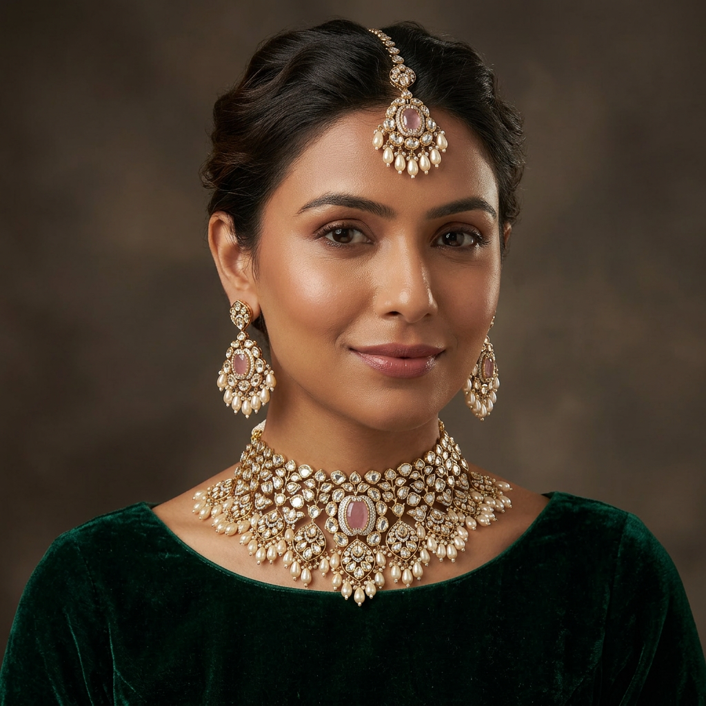 Ornate Border Kundan Choker with Cascading Pearl Extensions