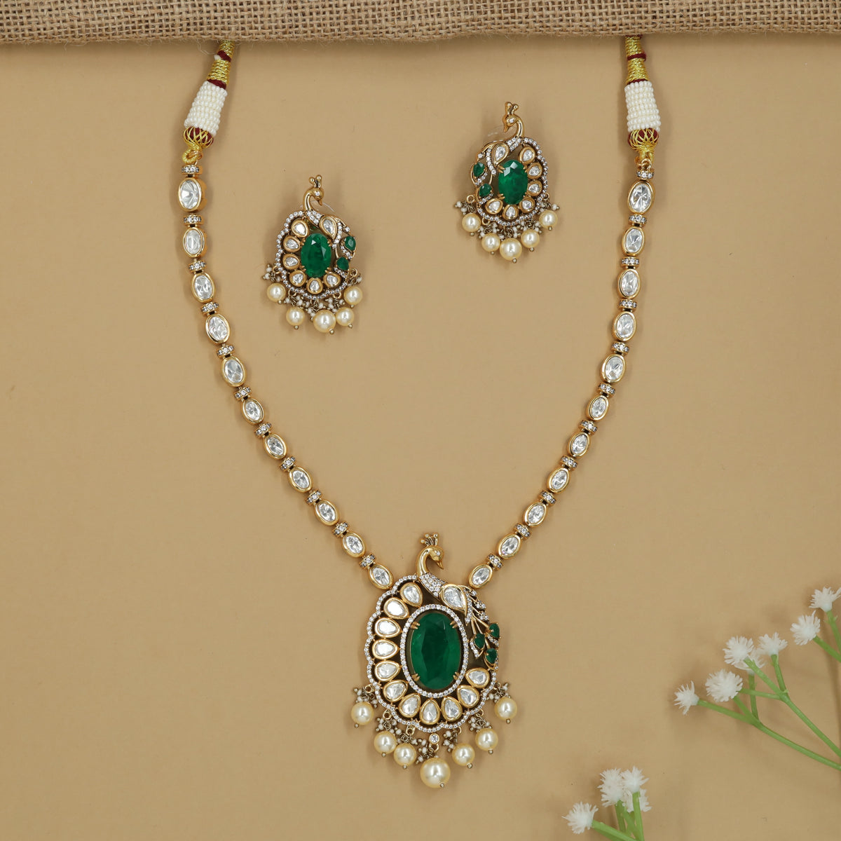 Peacock Pendant Kundan Necklace with Oval Border Styling