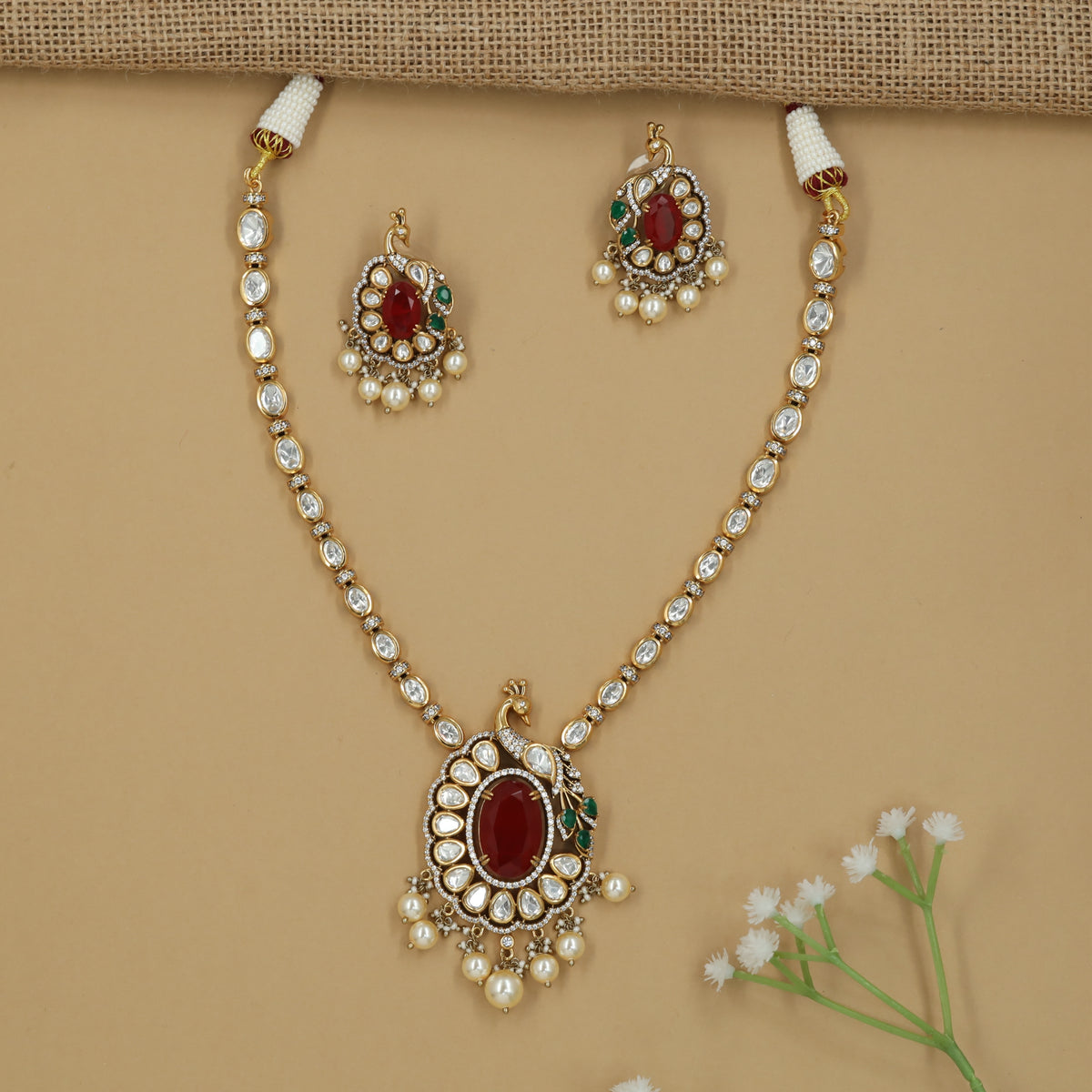 Peacock Pendant Kundan Necklace with Oval Border Styling