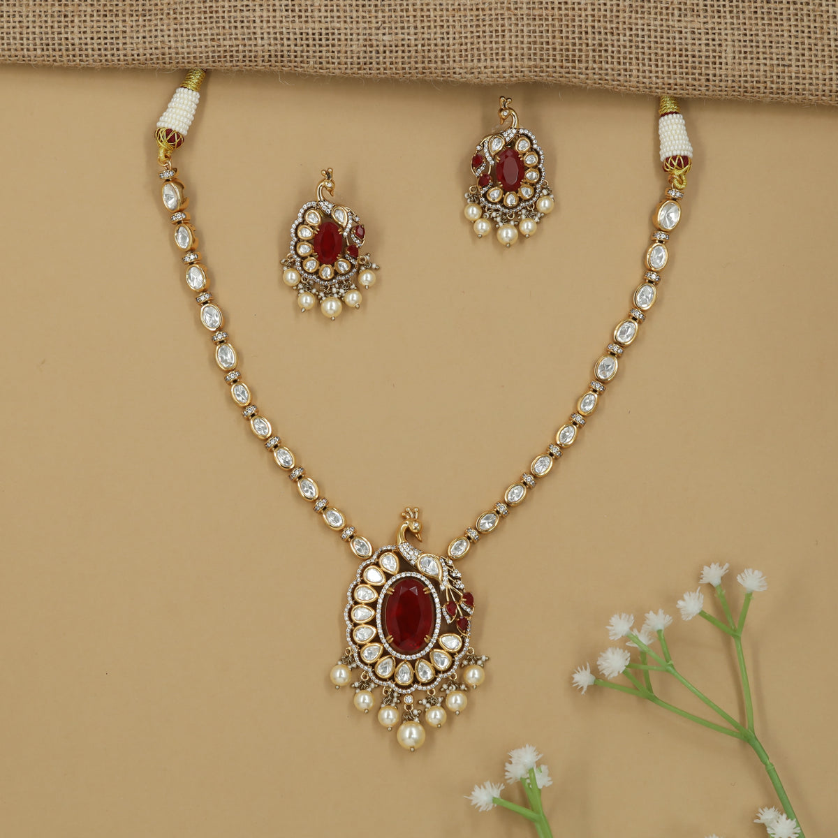 Peacock Pendant Kundan Necklace with Oval Border Styling