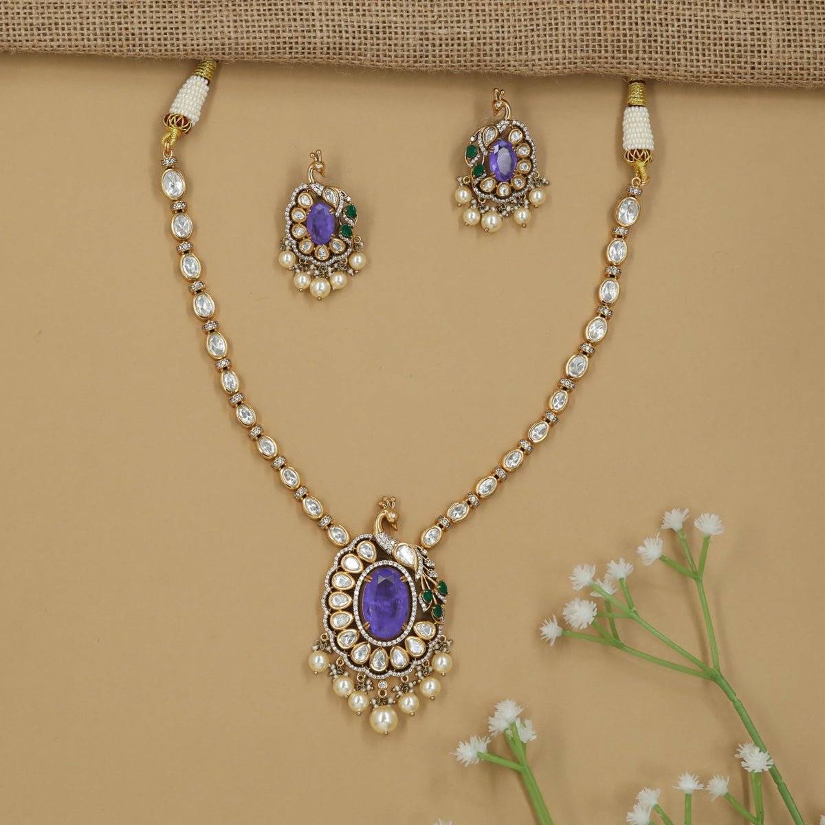 Peacock Pendant Kundan Necklace with Oval Border Styling