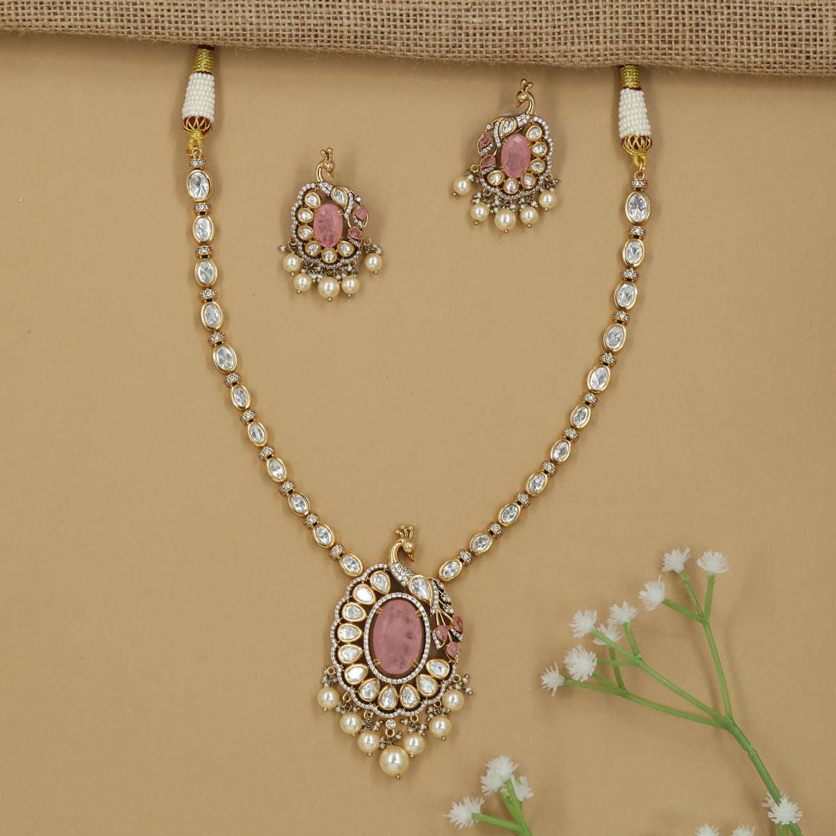 Peacock Pendant Kundan Necklace with Oval Border Styling