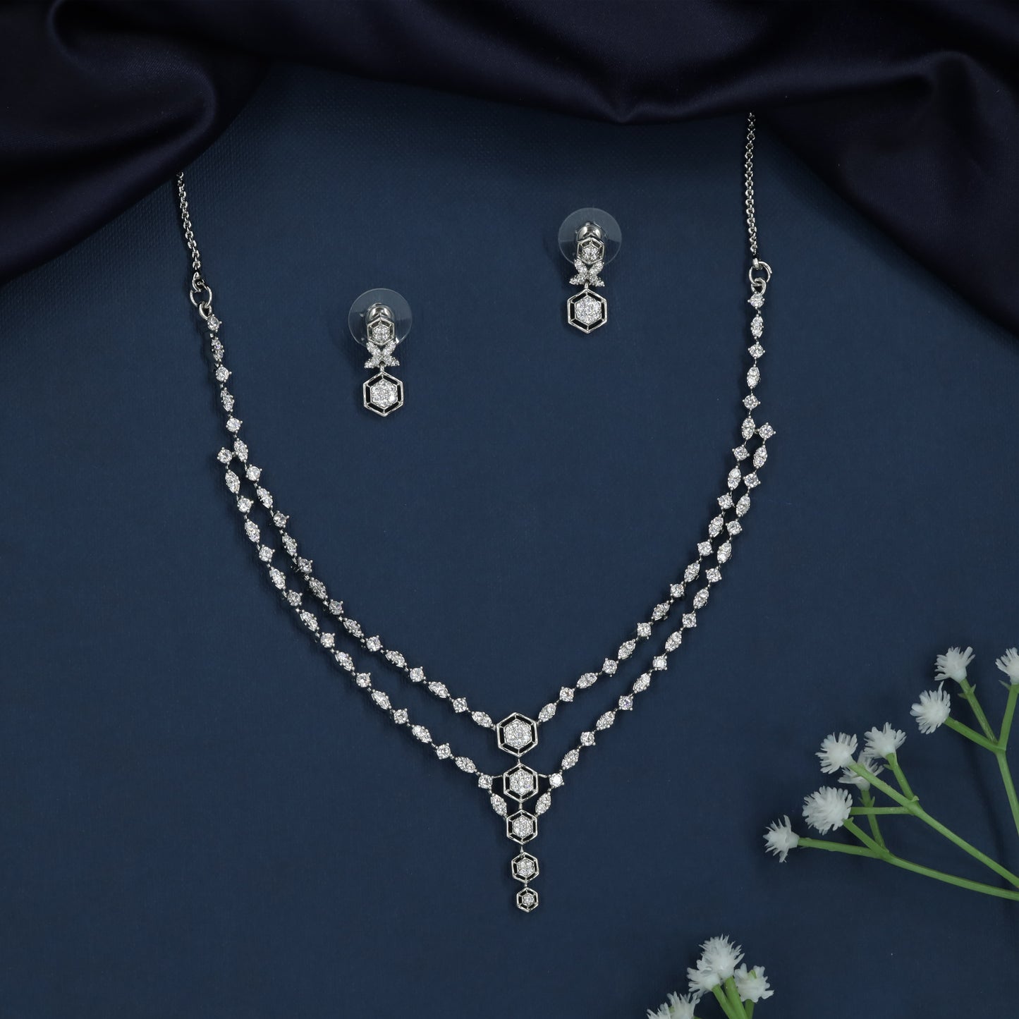 Extended Twin Strand Necklace with Decorative Geometric Alignment