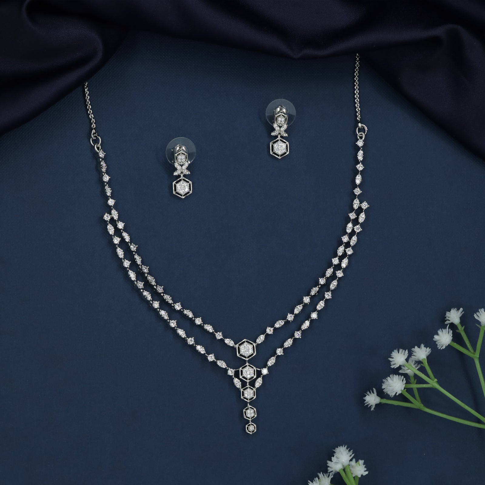 Extended Twin Strand Necklace with Decorative Geometric Alignment