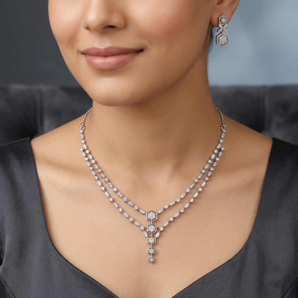 Extended Twin Strand Necklace with Decorative Geometric Alignment