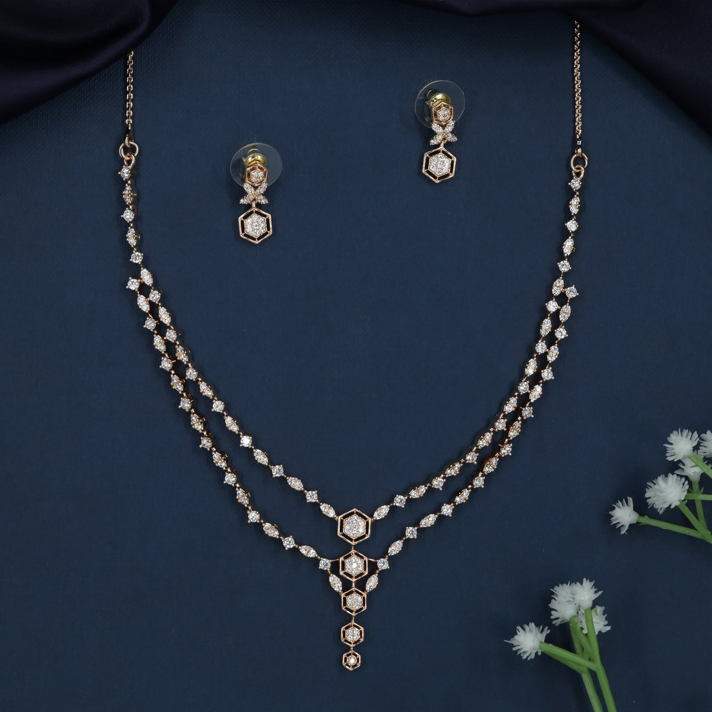Extended Twin Strand Necklace with Decorative Geometric Alignment