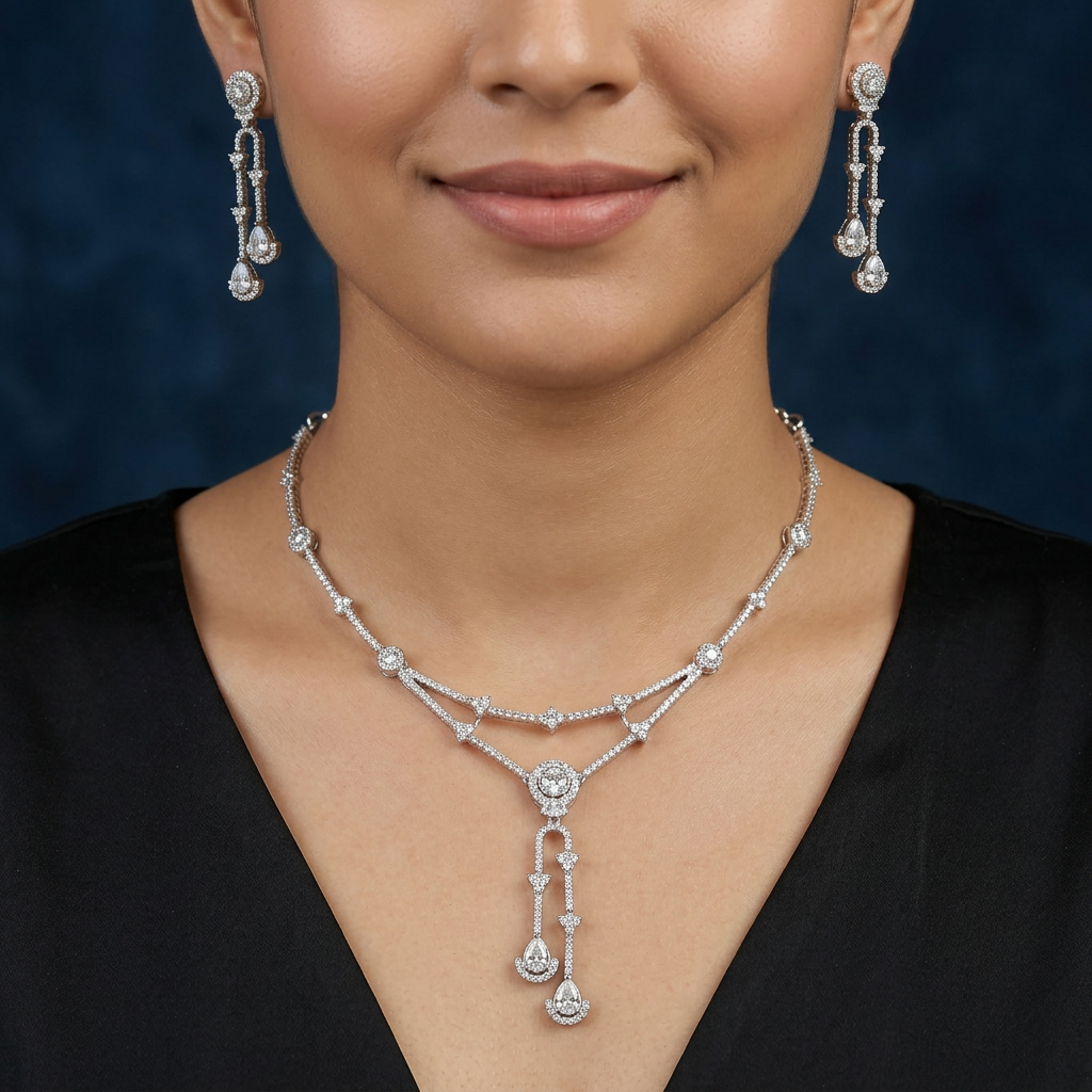 Intricate Linear Garland Necklace with Dangling Pendant Detailing