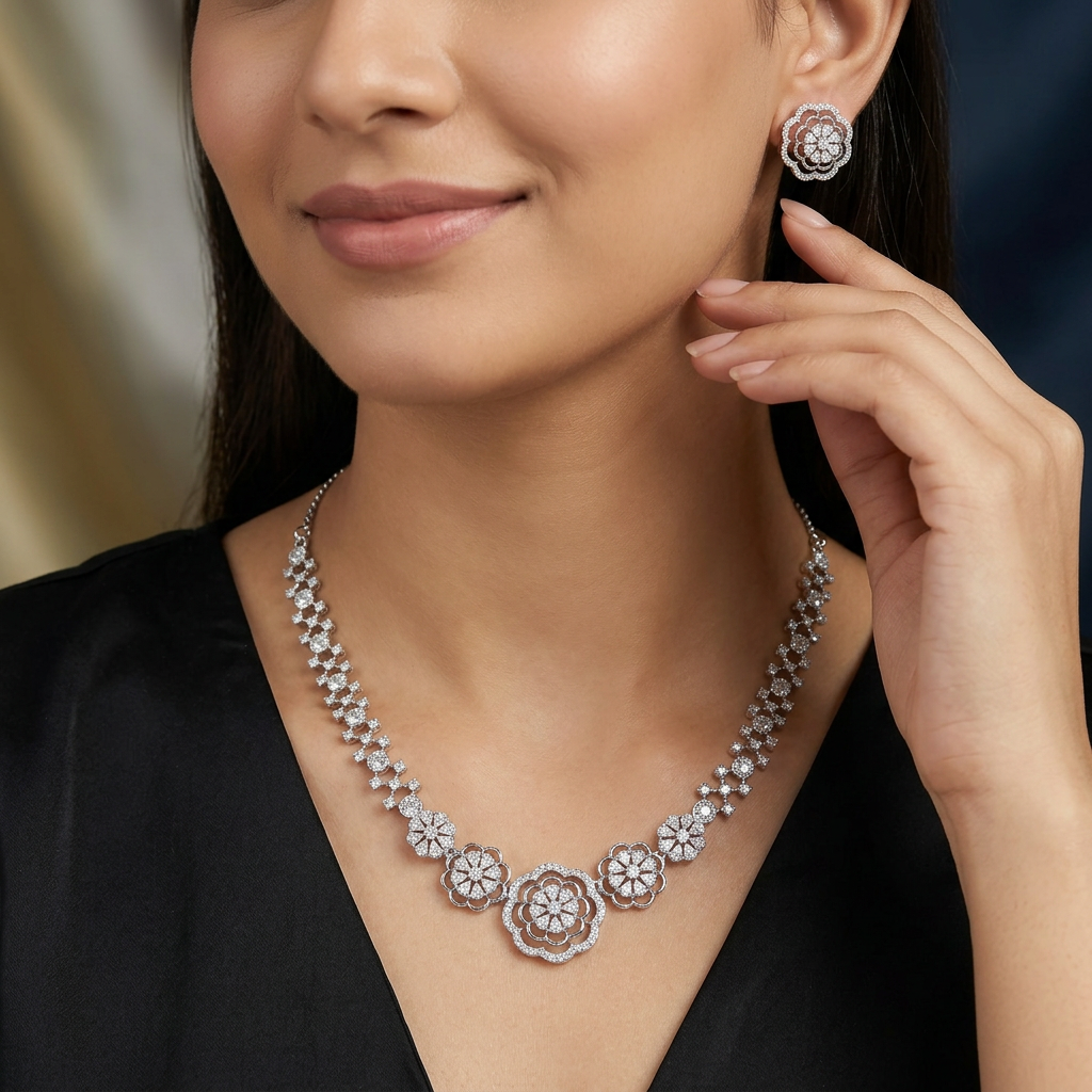 Floral Chain Necklace with Repeating Circular Connector Work