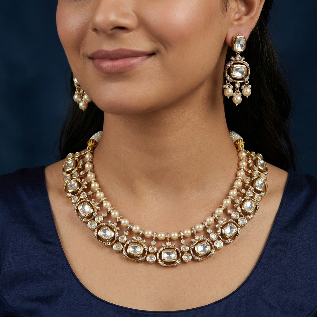 Noor Pearl Kundan Necklace with Repeating Stone Arrangement