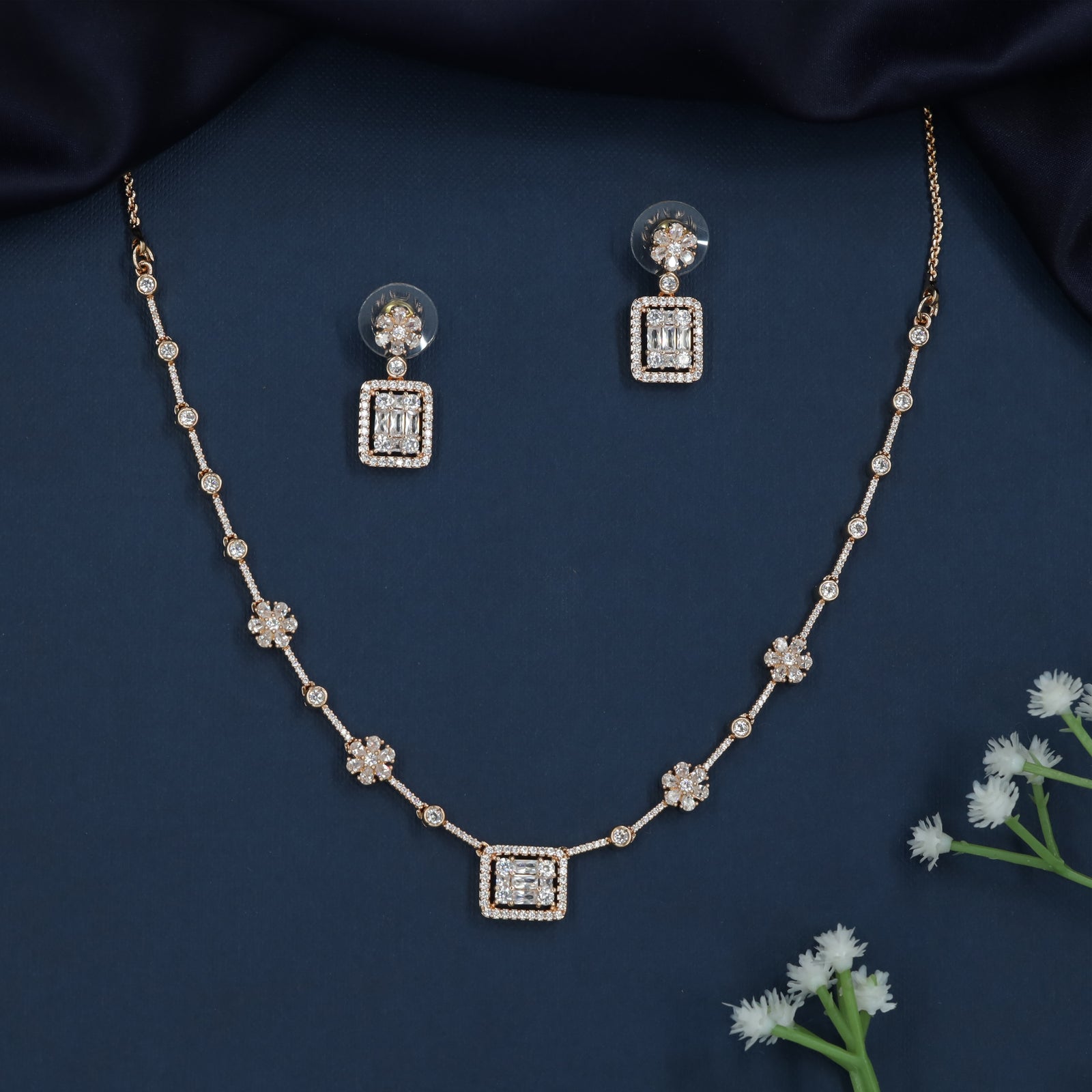 Floral Necklace with Square Pendant Detailing