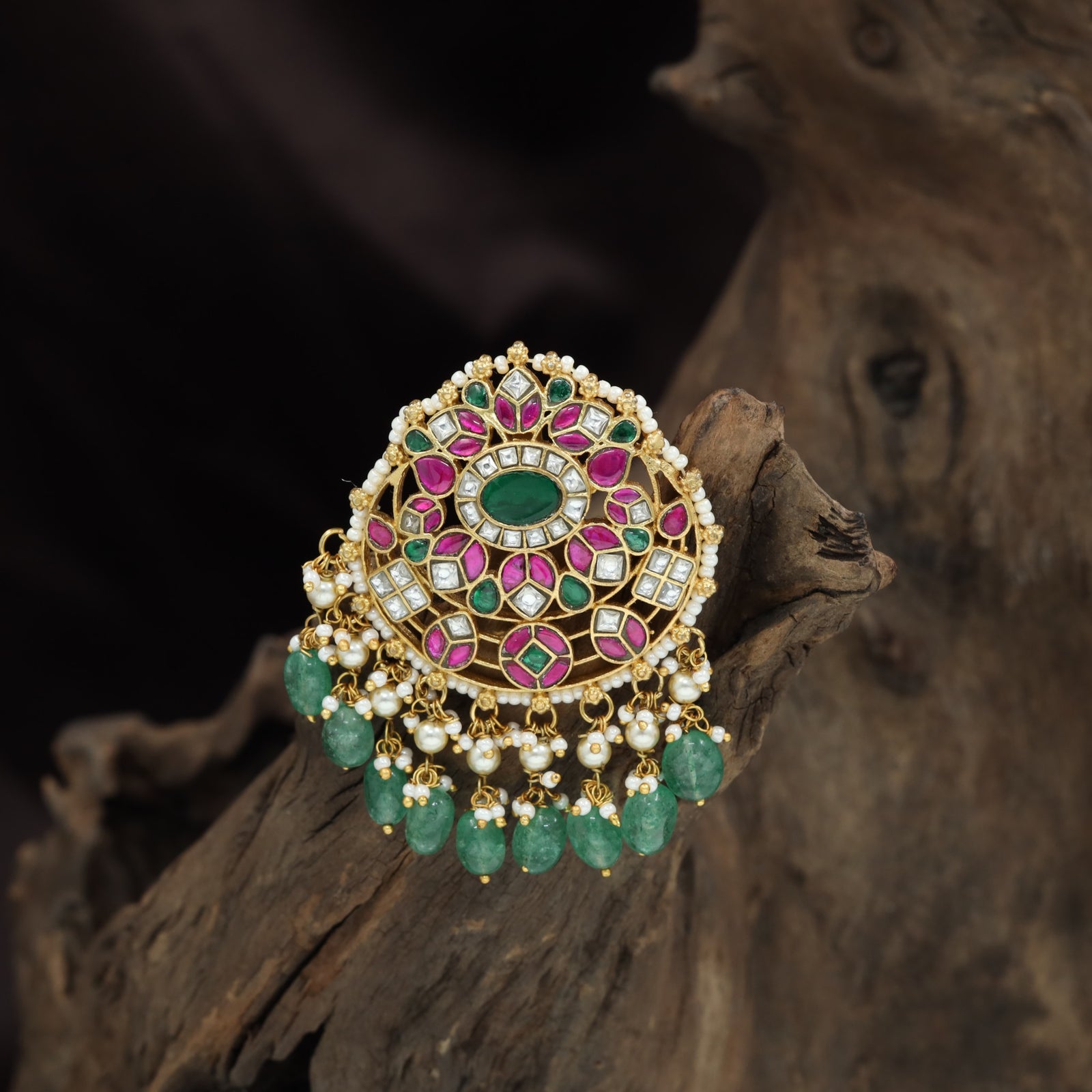 Curved Floral Jadau Pendant with Pearl Border Styling