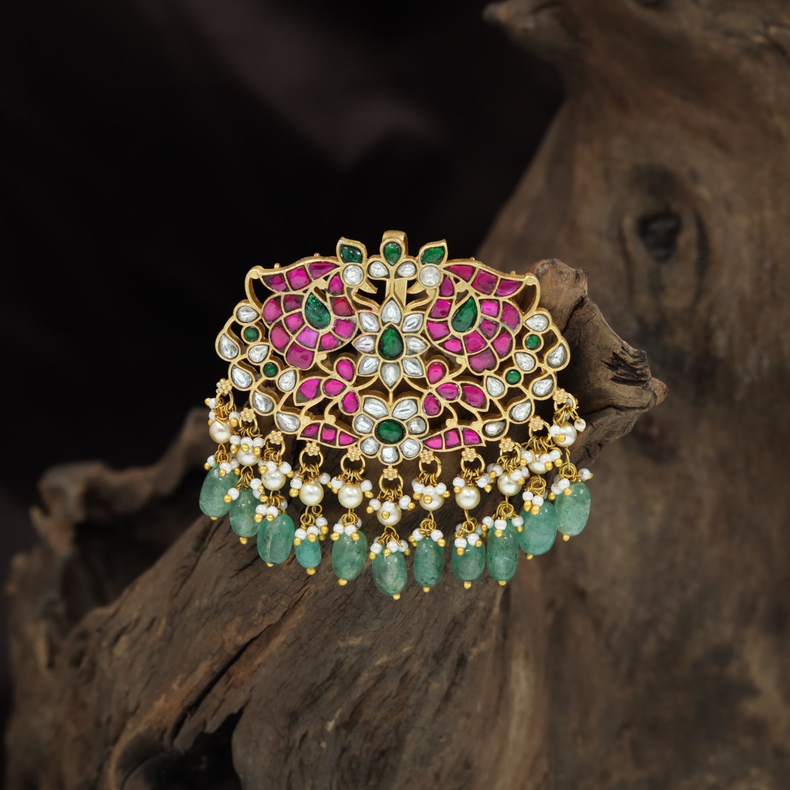 Peacock Arch Jadau Pendant with Oval Drop Tassels