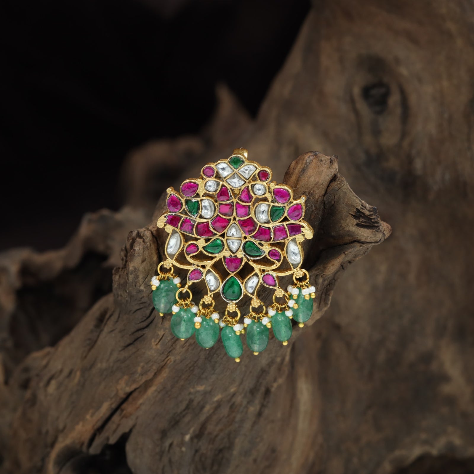 Peacock Bloom Jadau Pendant with Tassel Drop Styling