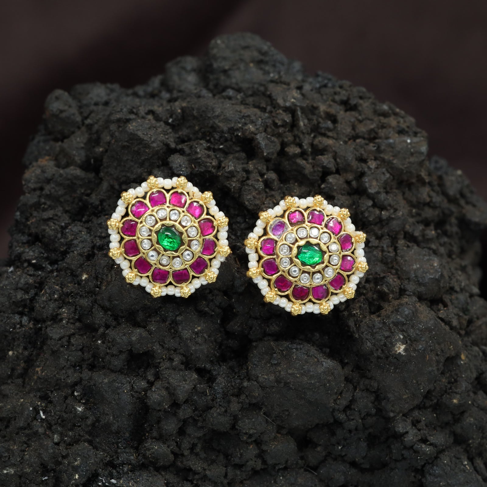 Decorative Bloom Jadau Stud with Stone Cluster Layout