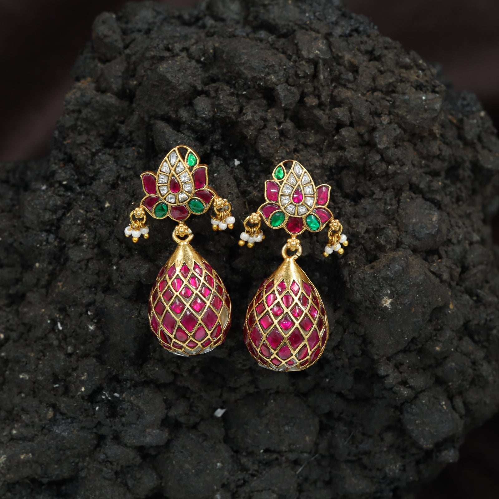 Floral Dome Jadau Jumka with Hanging Tassel Drops