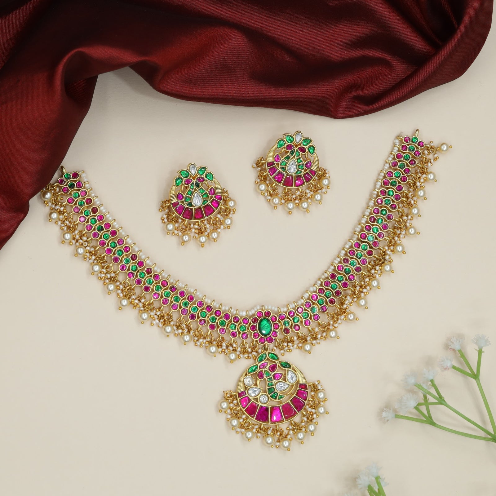 Grand Peacock Jadau Necklace with Hanging Pearl Drops