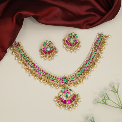 Grand Peacock Jadau Necklace with Hanging Pearl Drops