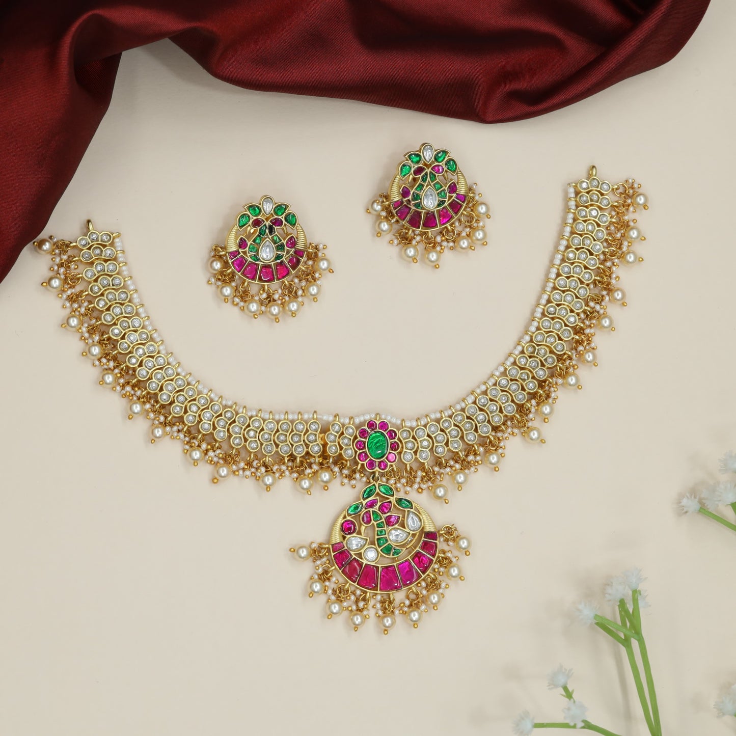 Grand Peacock Jadau Necklace with Hanging Pearl Drops