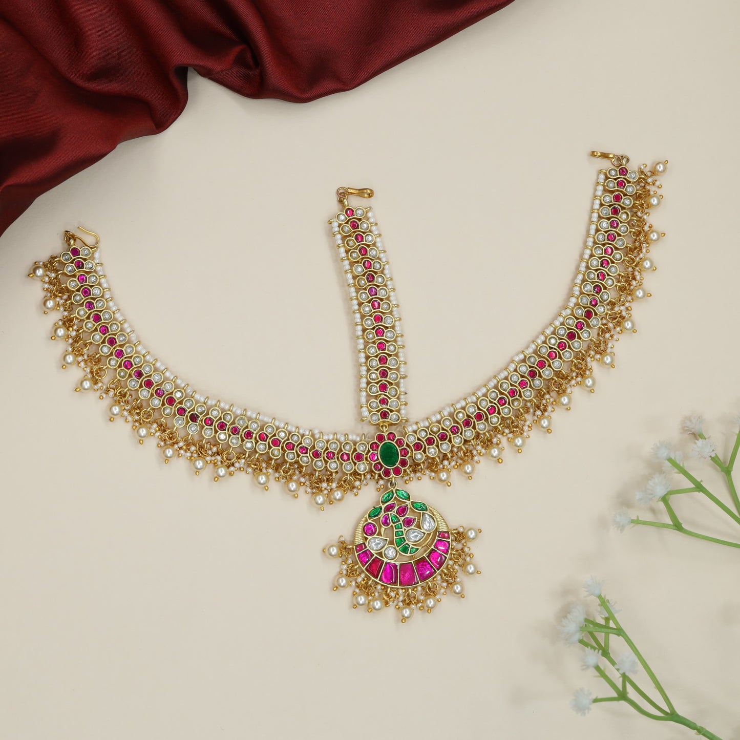 Royal Bridal Jadau Headset with Crescent Pendant Design