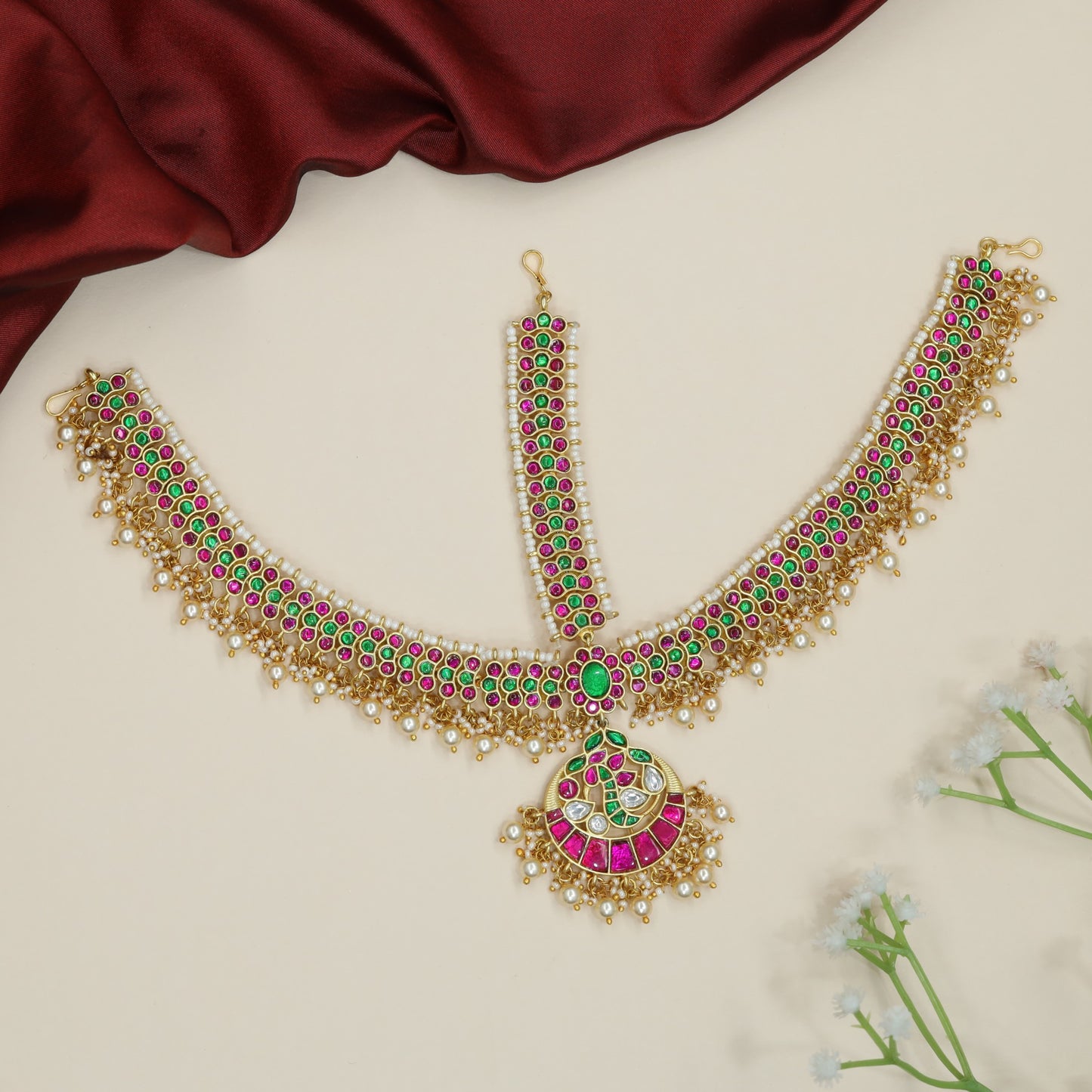 Royal Bridal Jadau Headset with Crescent Pendant Design