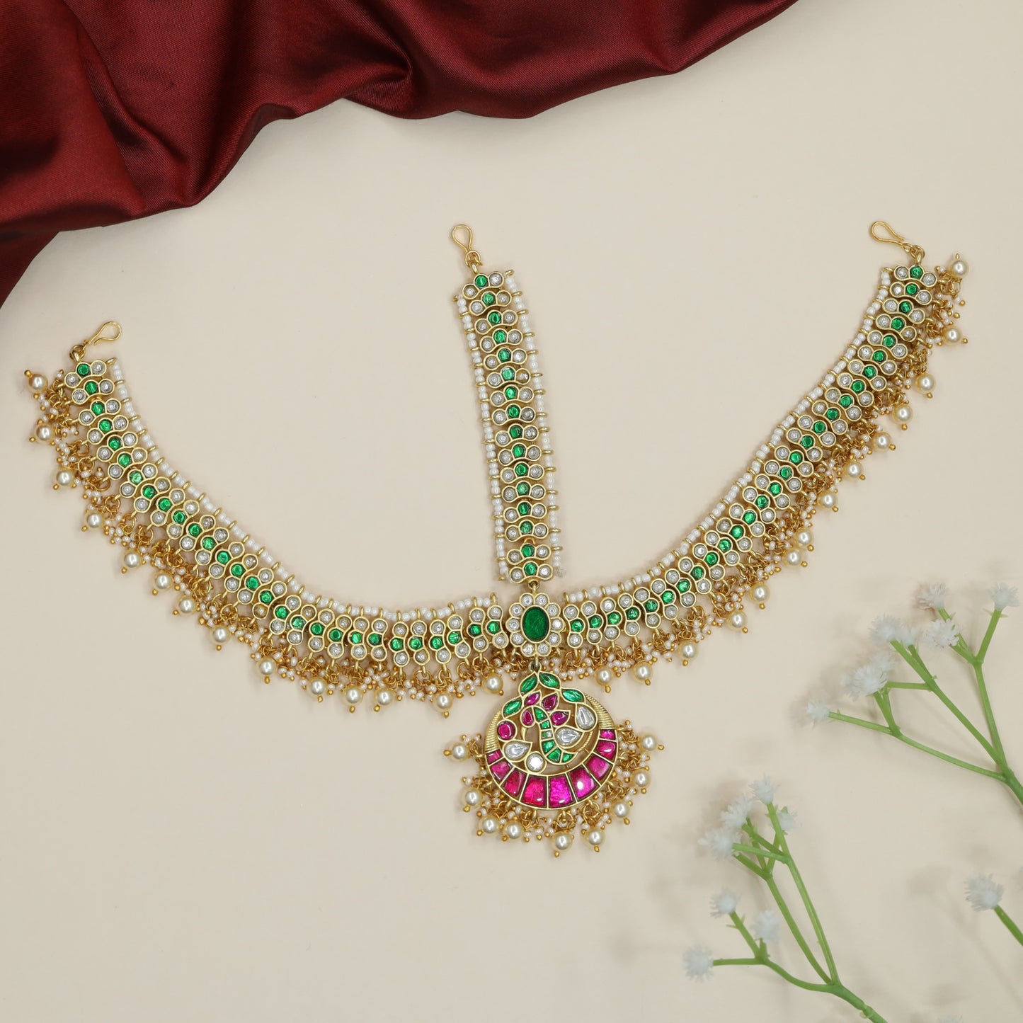 Royal Bridal Jadau Headset with Crescent Pendant Design
