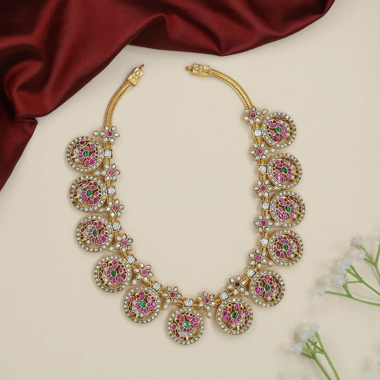 Lotus Medallion Jadau Necklace with Circular Stone Layout
