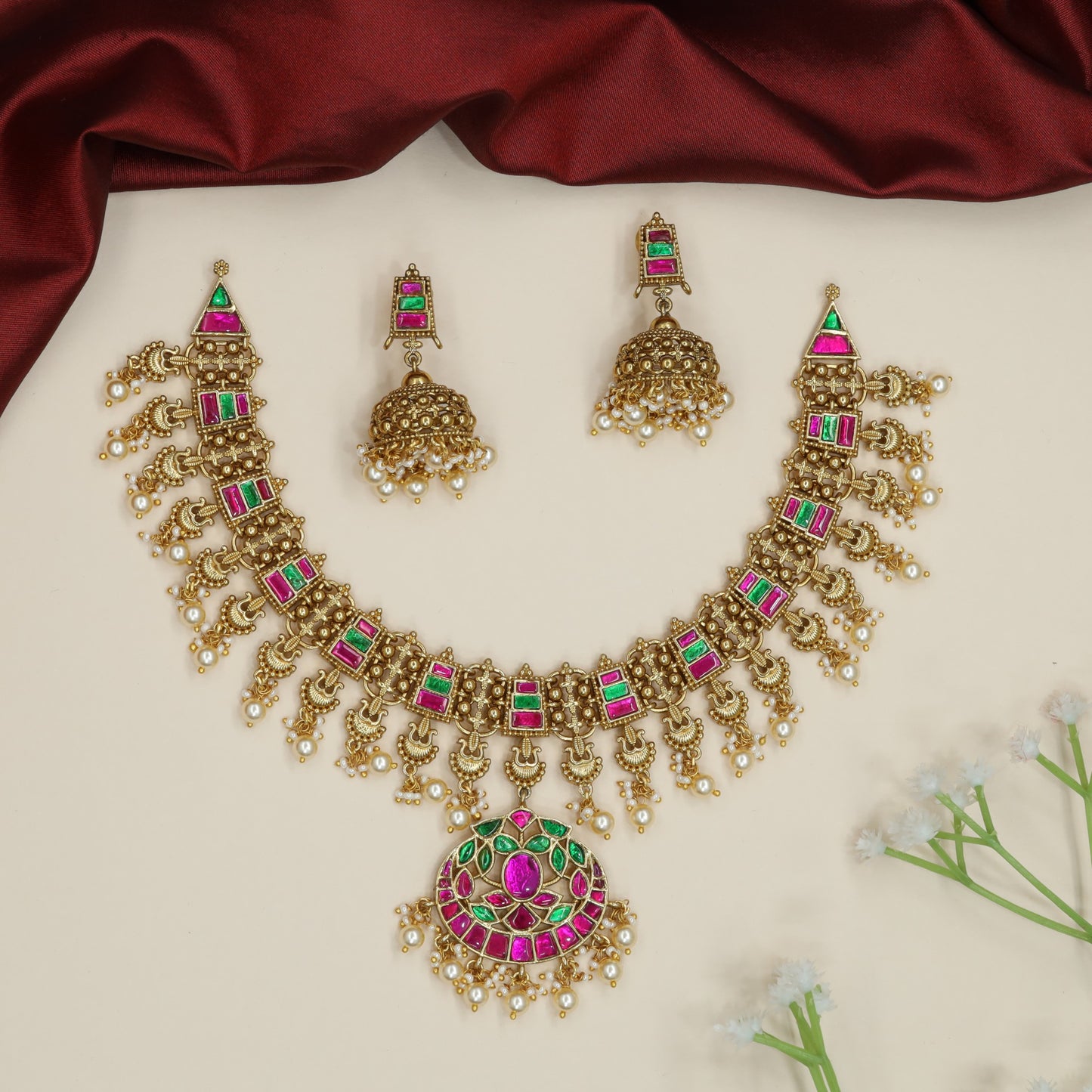 Carved Lotus Jadau Necklace with Layered Fringe Drops
