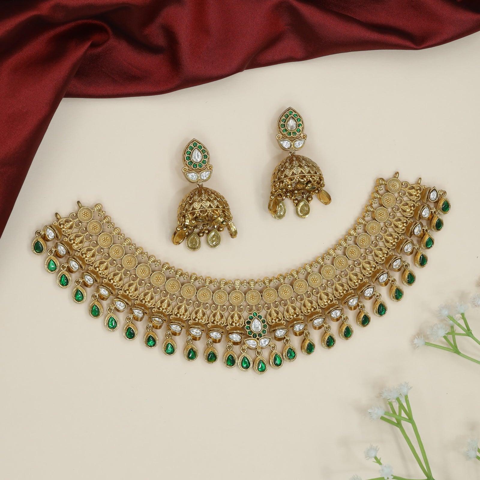 Majestic Bridal Kundan Choker with Hanging Stone Borders